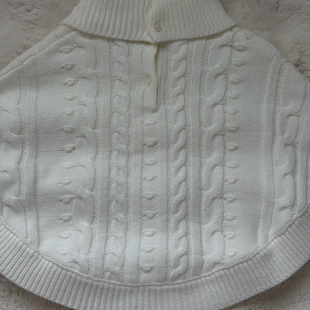 Janie and Jack Ivory Cable-Knit Turtleneck Poncho Cape with Button Accents - Picture 12 of 16